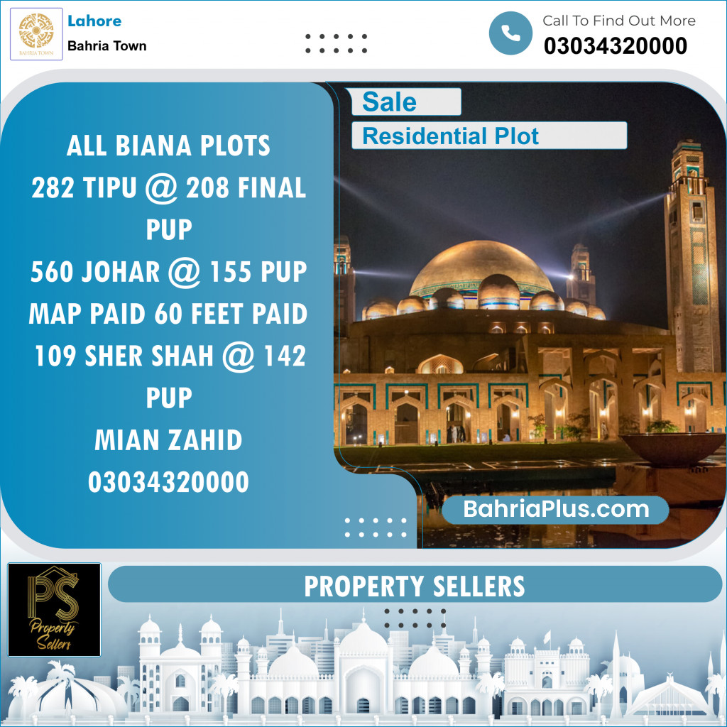Residential Plot for Sale in Sector F - Tipu Sultan Block -  Bahria Town, Lahore - (BP-151132)