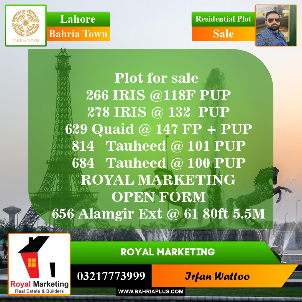 Residential Plot for Sale in Sector C - Iris Block -  Bahria Town, Lahore - (BP-151195)