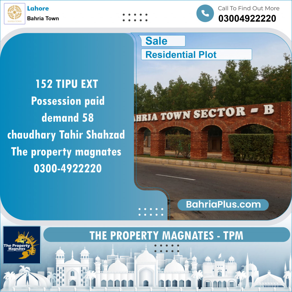 Residential Plot for Sale in Sector F - Tipu Sultan Ext. -  Bahria Town, Lahore - (BP-151222)