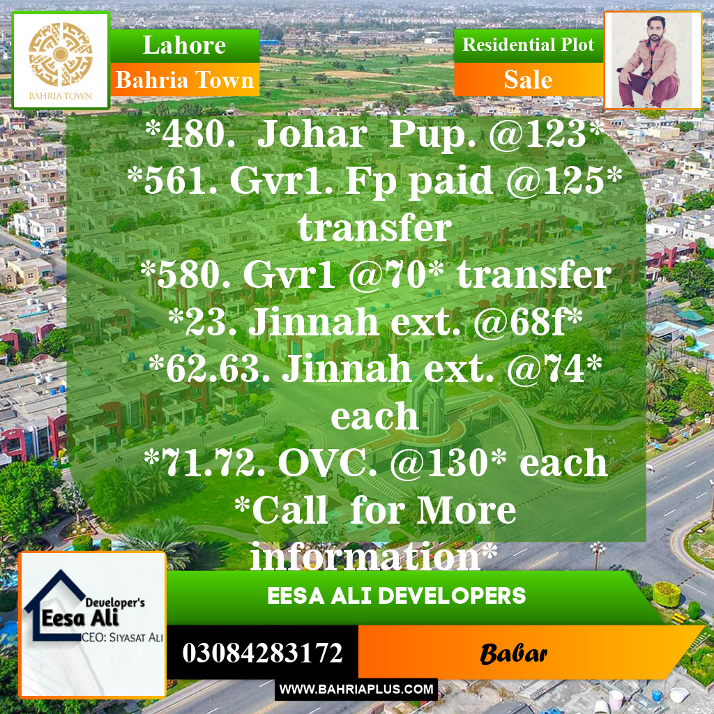 Residential Plot for Sale in Sector E - Johar Block -  Bahria Town, Lahore - (BP-151287)