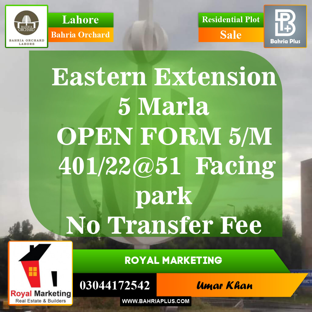 Residential Plot for Sale in Phase 1 - Eastern District Ext. I -  Bahria Orchard, Lahore - (BP-151495)