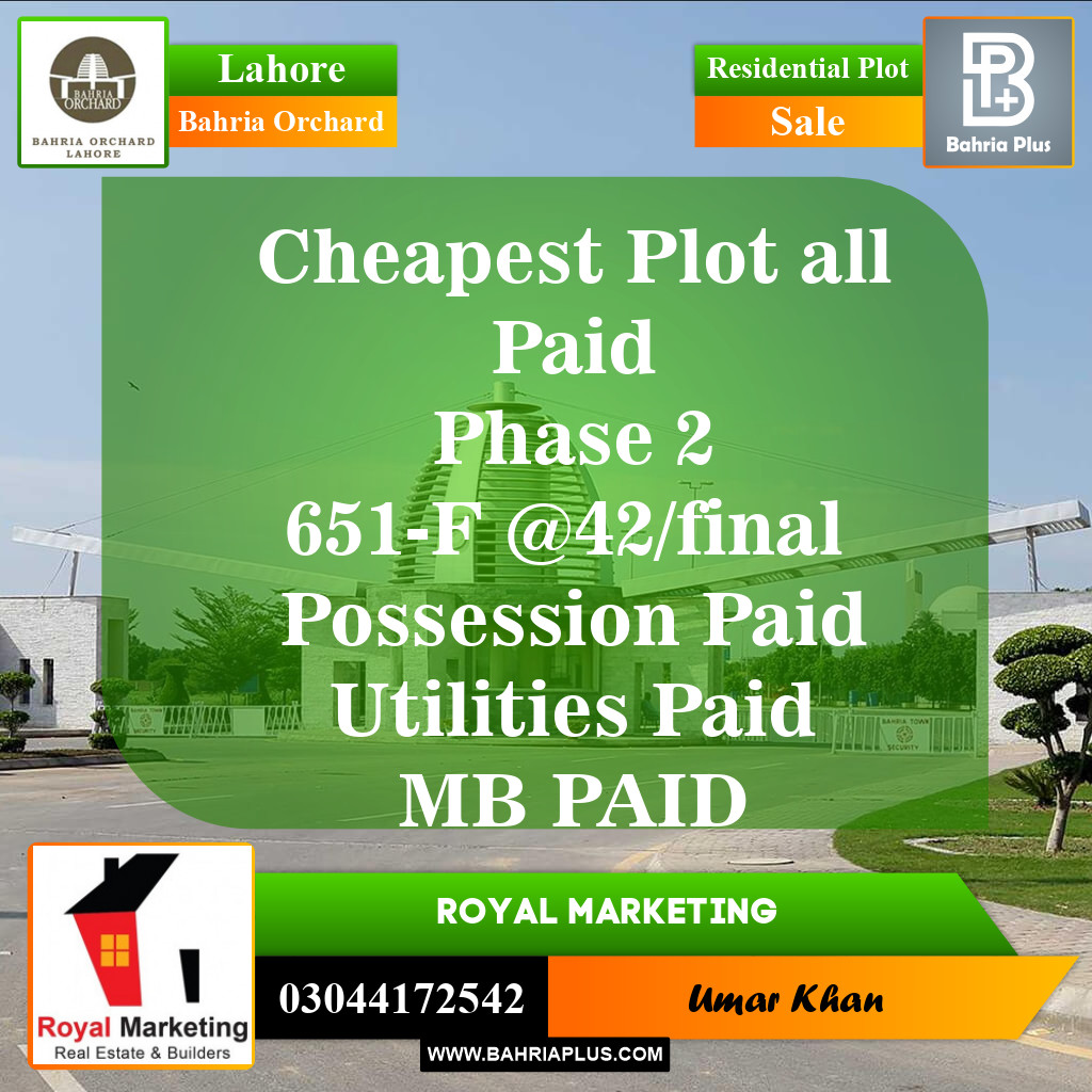 Residential Plot for Sale in Bahria Orchard, Lahore - (BP-151721)