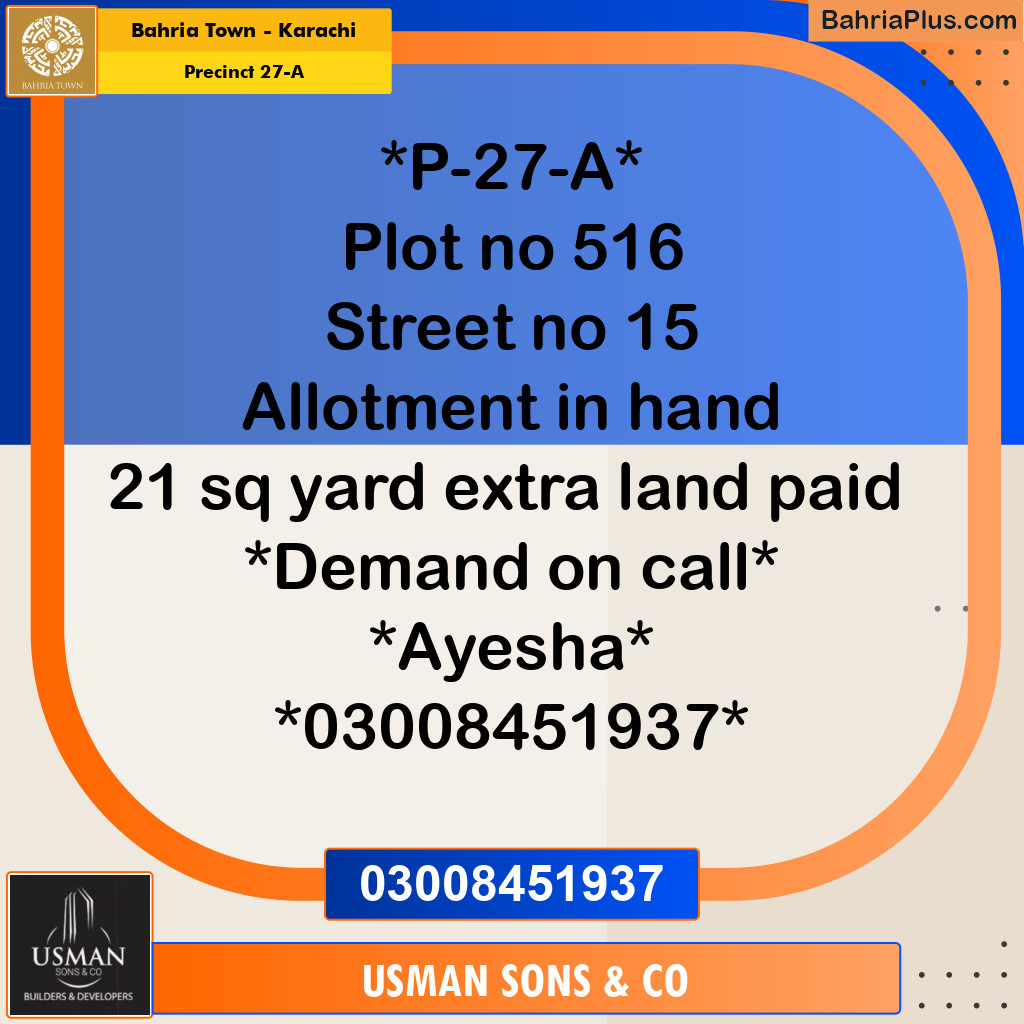 500 Sq. Yards Residential Plot for Sale in Precinct 27-A -  Bahria Town, Karachi - (BP-151841)