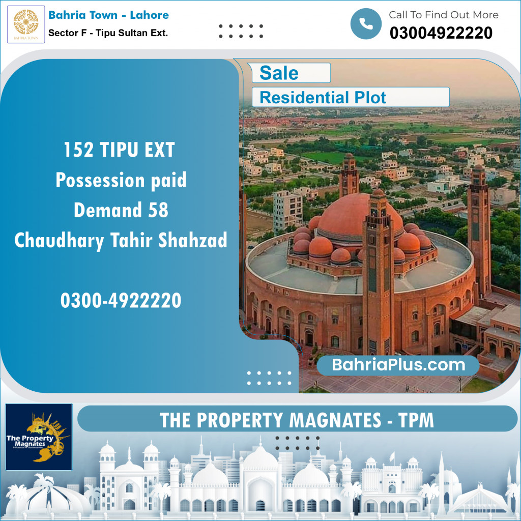 Residential Plot for Sale in Sector F - Tipu Sultan Ext. -  Bahria Town, Lahore - (BP-152241)