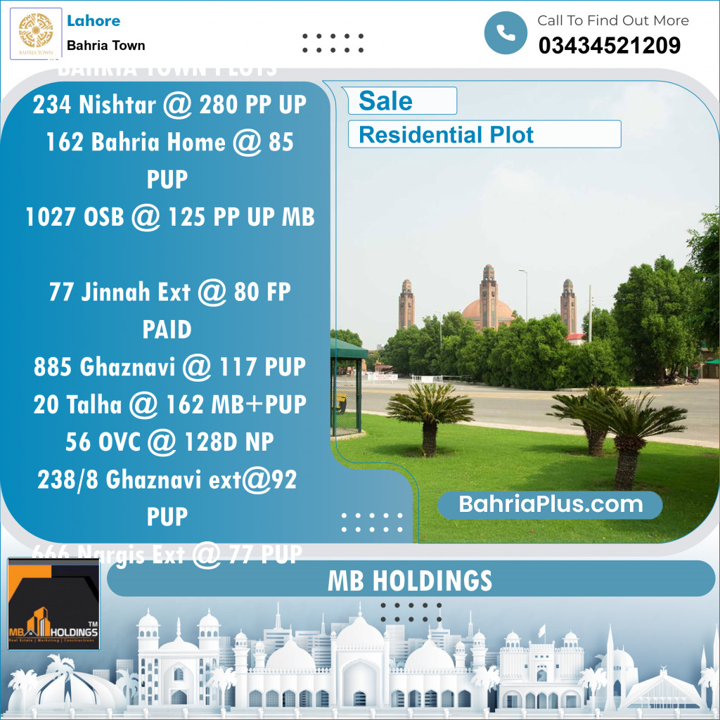 Residential Plot for Sale in Sector E - Nishtar Block -  Bahria Town, Lahore - (BP-152391)