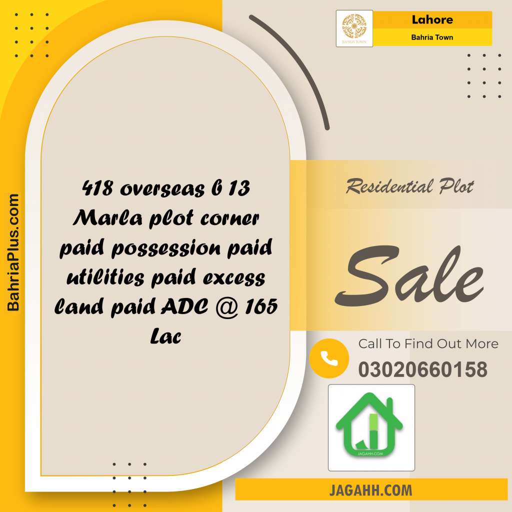 Residential Plot for Sale in Overseas B -  Bahria Town, Lahore - (BP-153261)