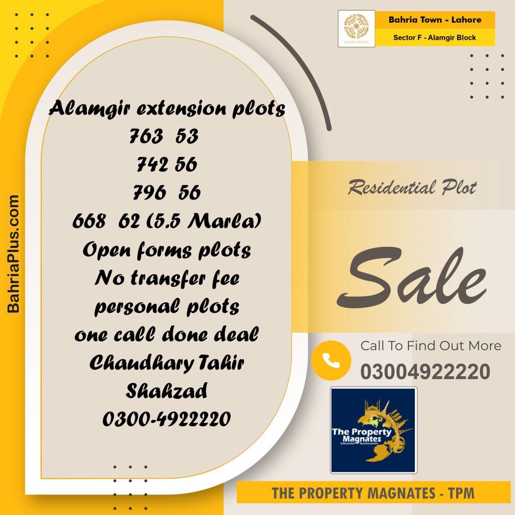 Residential Plot for Sale in Sector F - Alamgir Block -  Bahria Town, Lahore - (BP-153509)