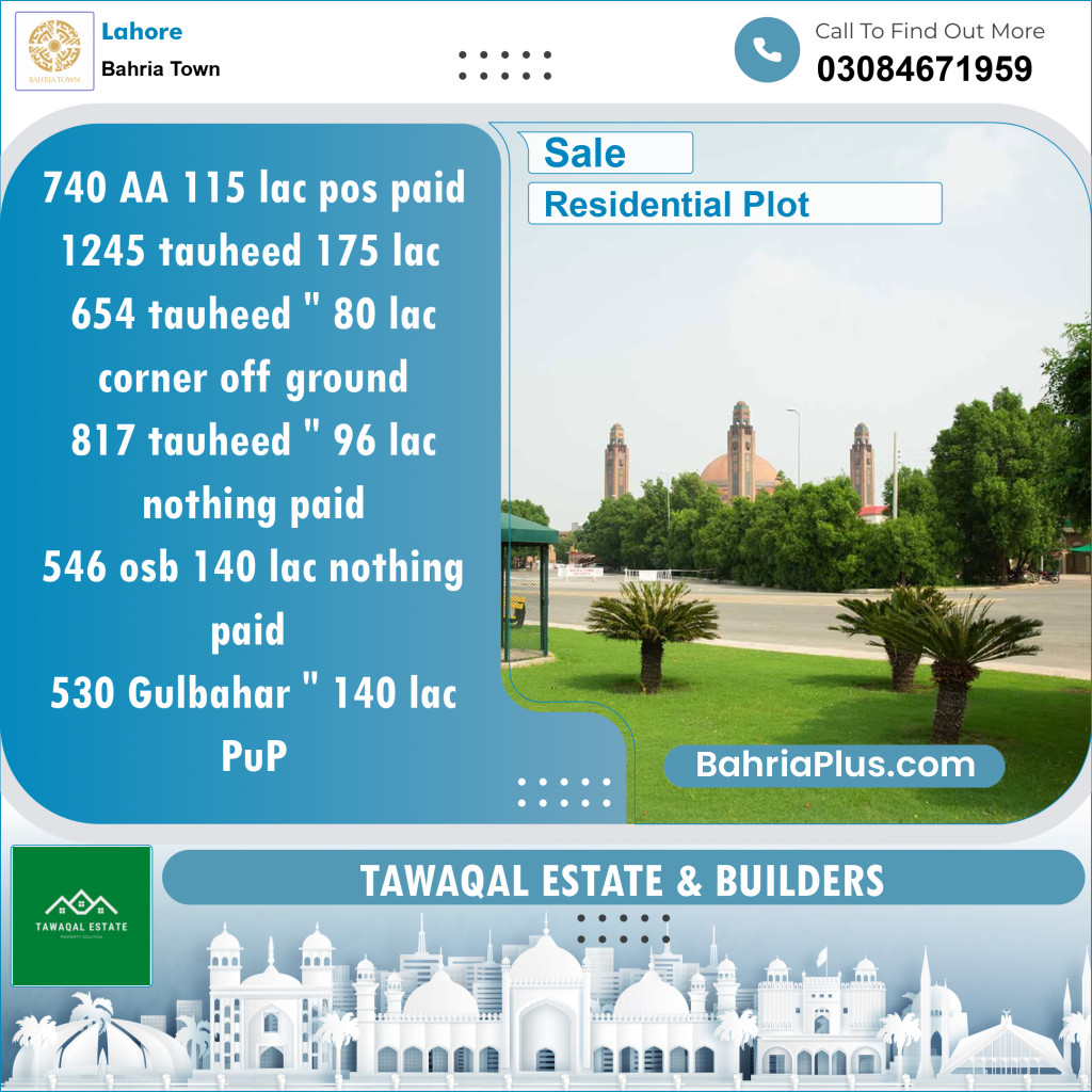 Residential Plot for Sale in Sector D - AA Block -  Bahria Town, Lahore - (BP-153908)