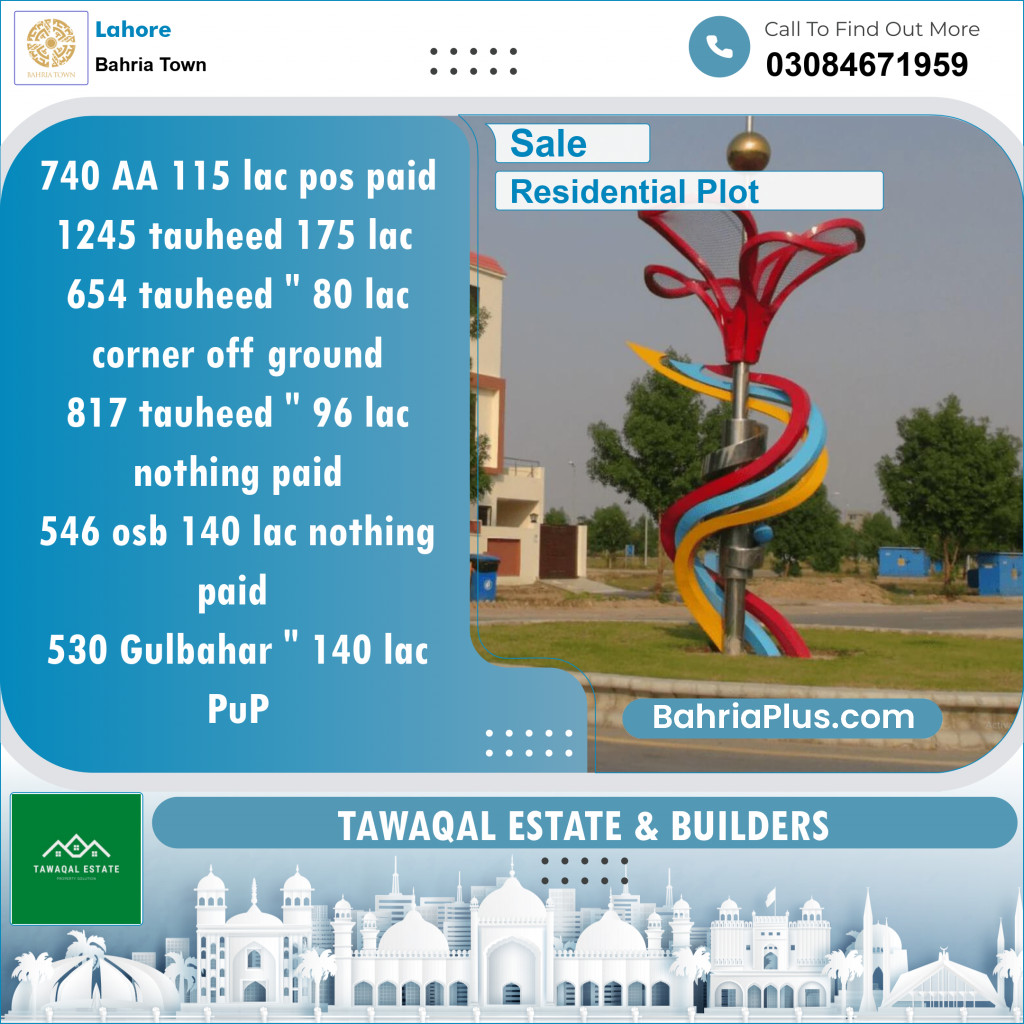 Residential Plot for Sale in Sector D - AA Block -  Bahria Town, Lahore - (BP-153981)