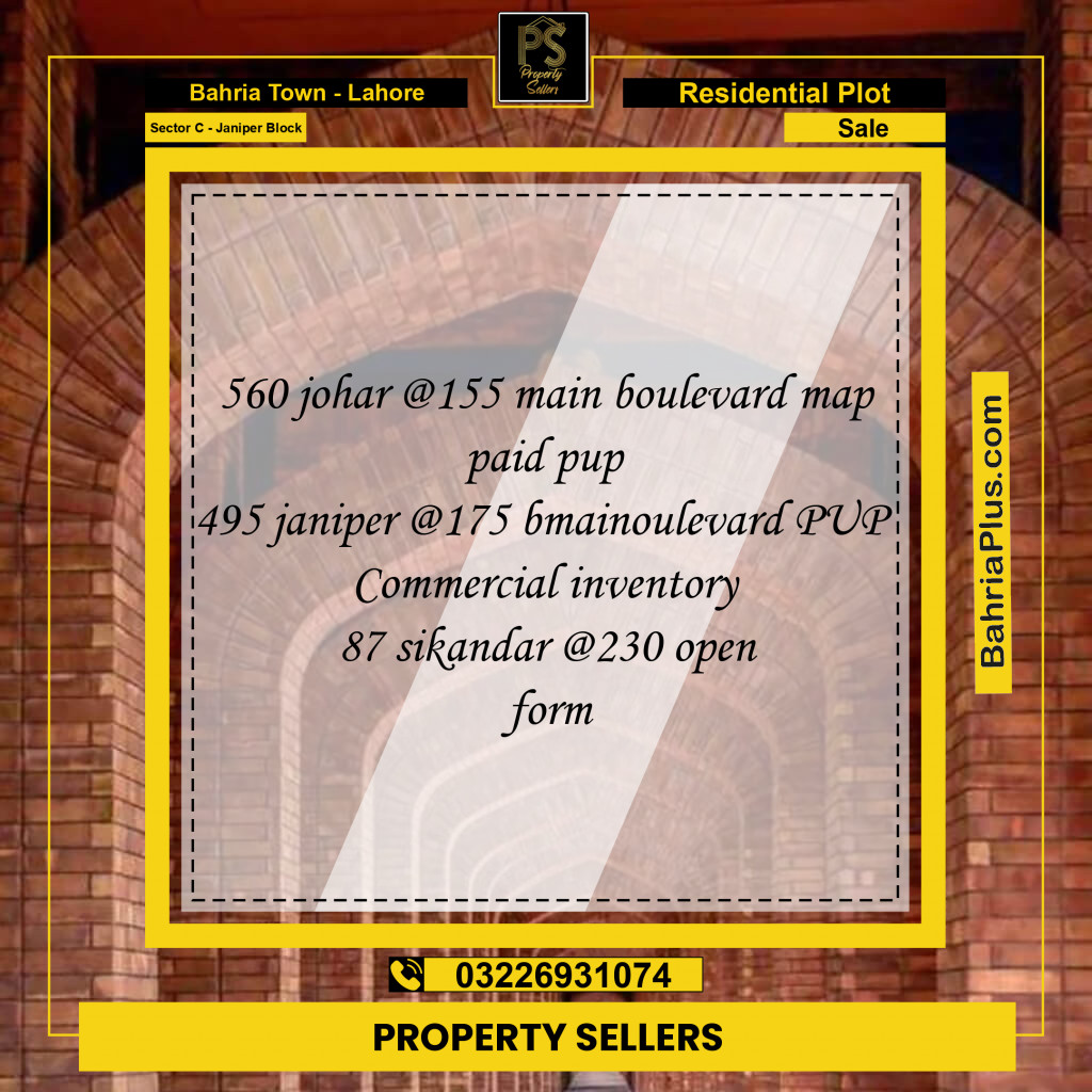 Residential Plot for Sale in Sector C - Janiper Block -  Bahria Town, Lahore - (BP-154016)