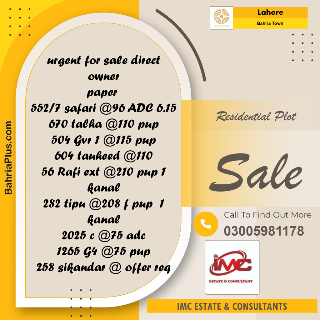 Residential Plot for Sale in Sector B - Safari Villas - Bahria Town, Lahore - (BP-154060)