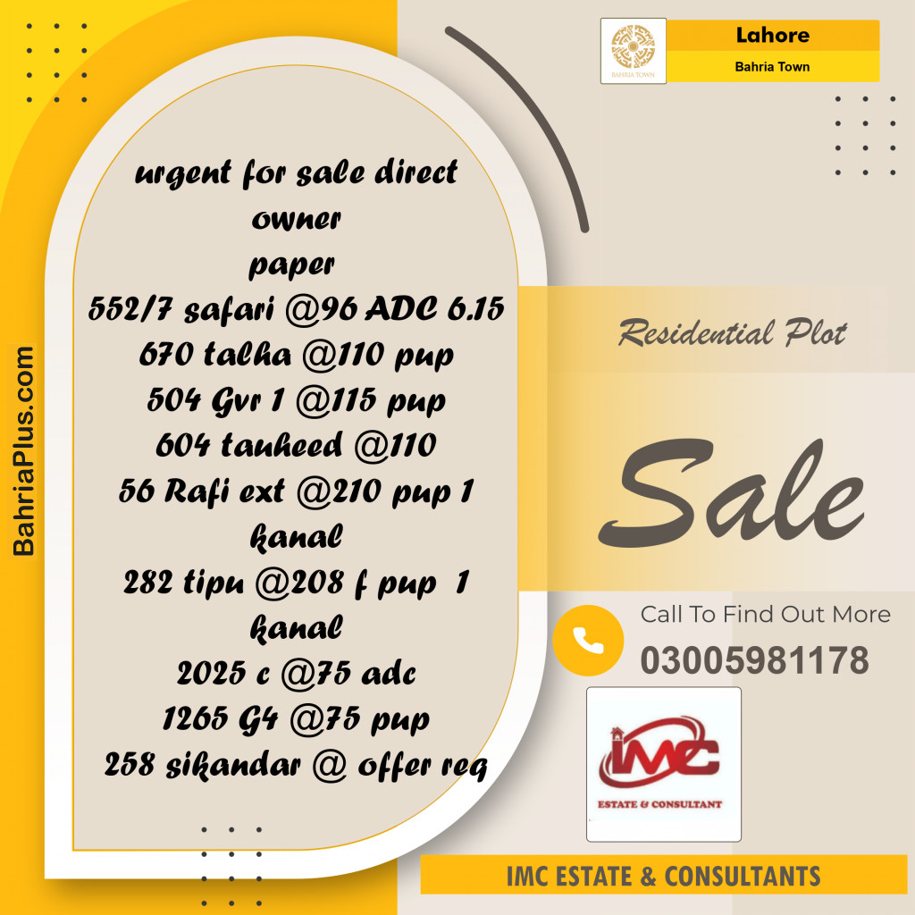 Residential Plot for Sale in Sector B - Safari Villas -  Bahria Town, Lahore - (BP-154060)