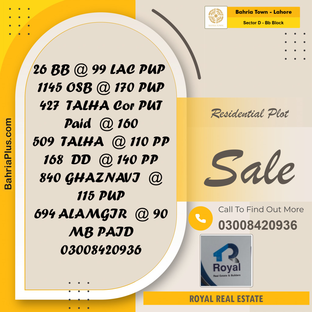 Residential Plot for Sale in Sector D - BB Block -  Bahria Town, Lahore - (BP-154327)