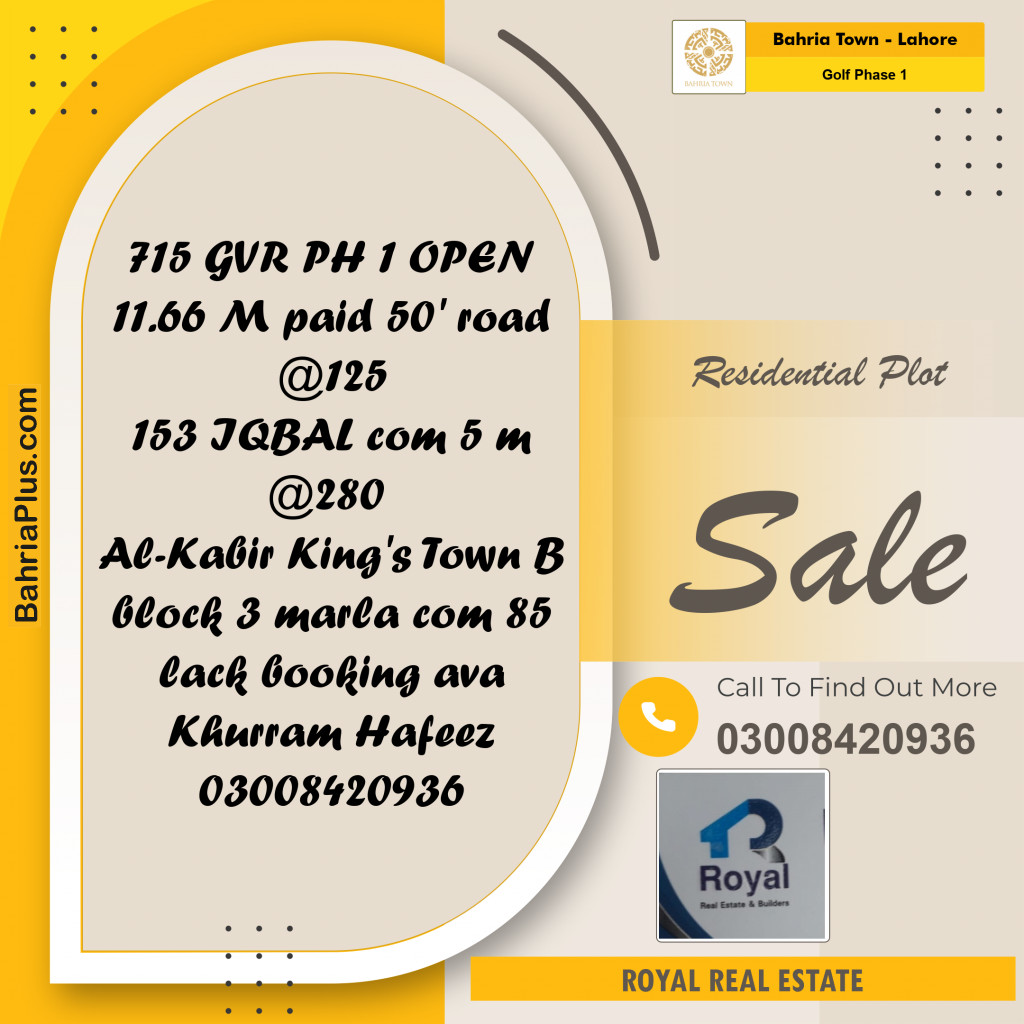 Residential Plot for Sale in Golf Phase 1 -  Bahria Town, Lahore - (BP-154345)