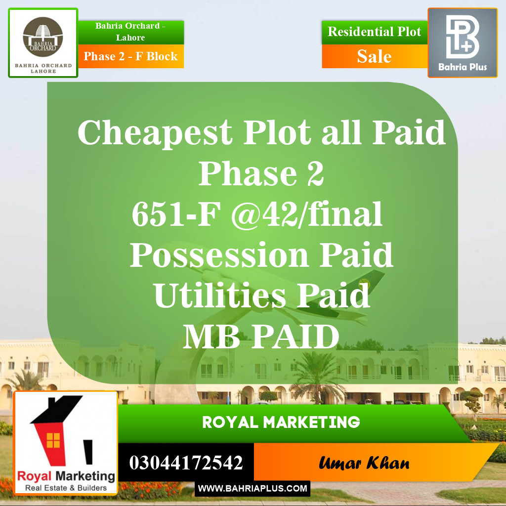 Residential Plot for Sale in Phase 2 - F Block -  Bahria Orchard, Lahore - (BP-154550)