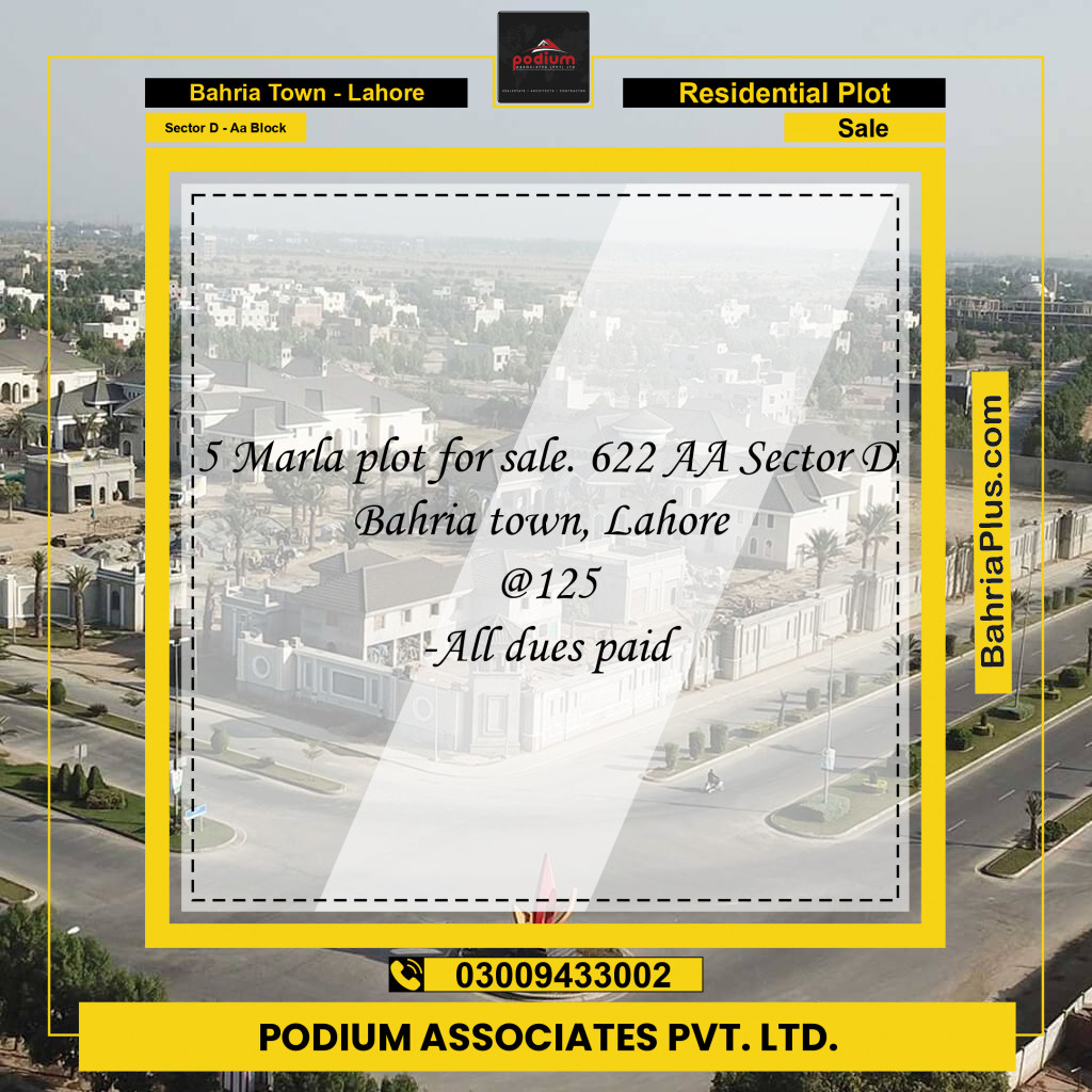 Residential Plot for Sale in Sector D - AA Block -  Bahria Town, Lahore - (BP-154604)