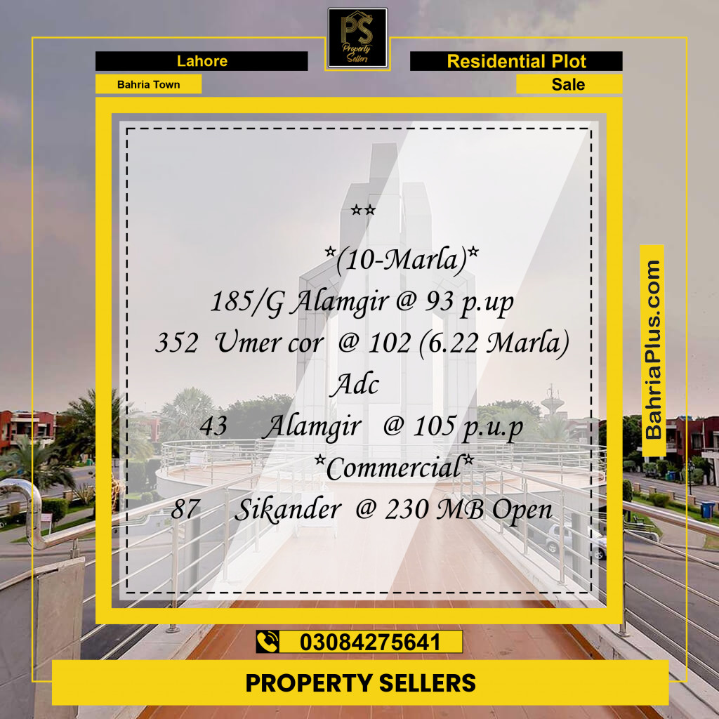 Residential Plot for Sale in Sector F - Alamgir Block - Bahria Town, Lahore - (BP-154937)