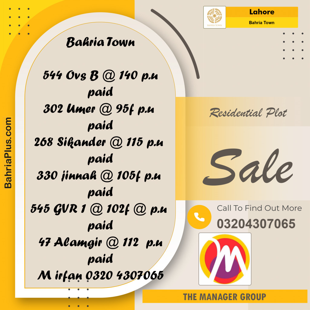 Residential Plot for Sale in Overseas B -  Bahria Town, Lahore - (BP-154981)