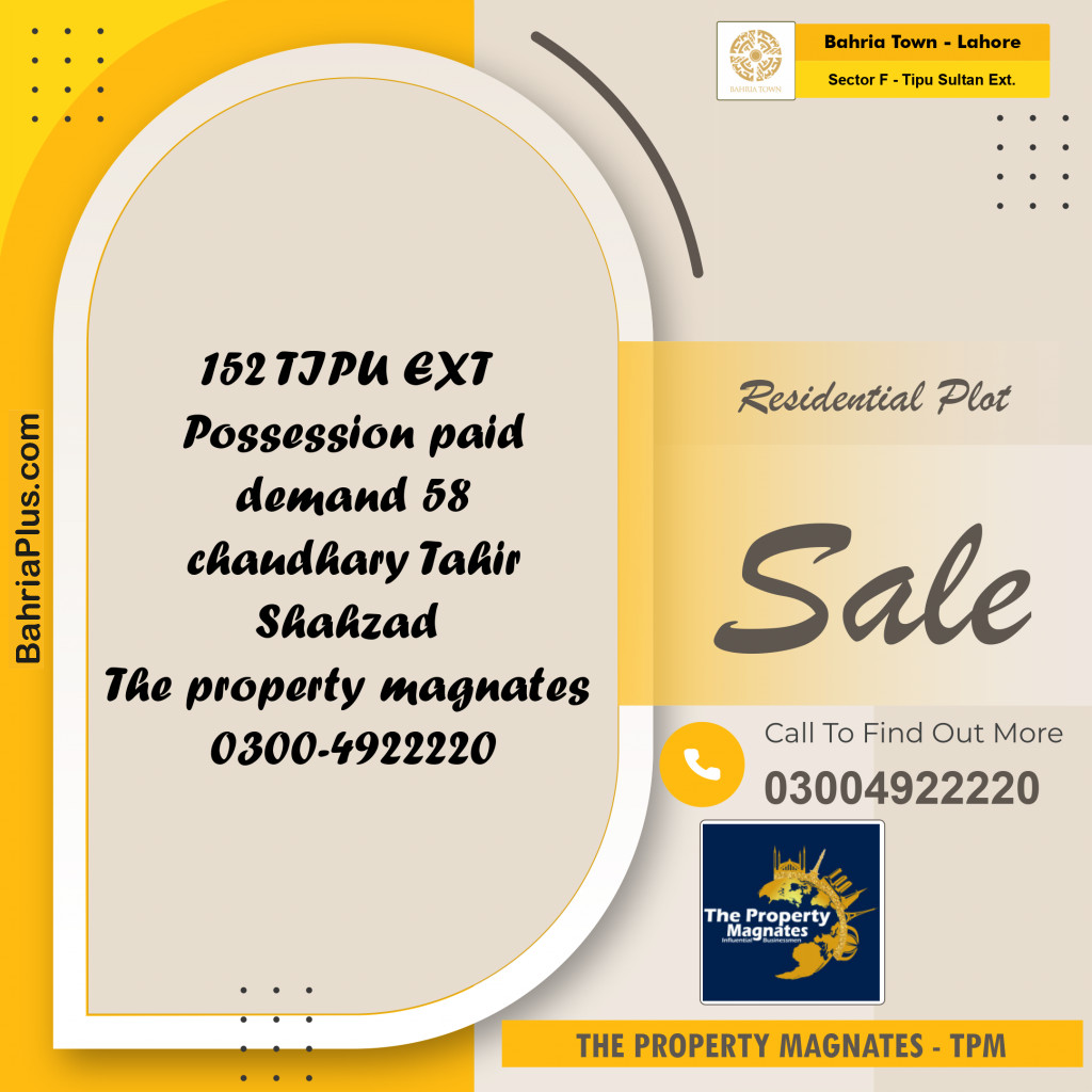 Residential Plot for Sale in Sector F - Tipu Sultan Ext. -  Bahria Town, Lahore - (BP-155085)