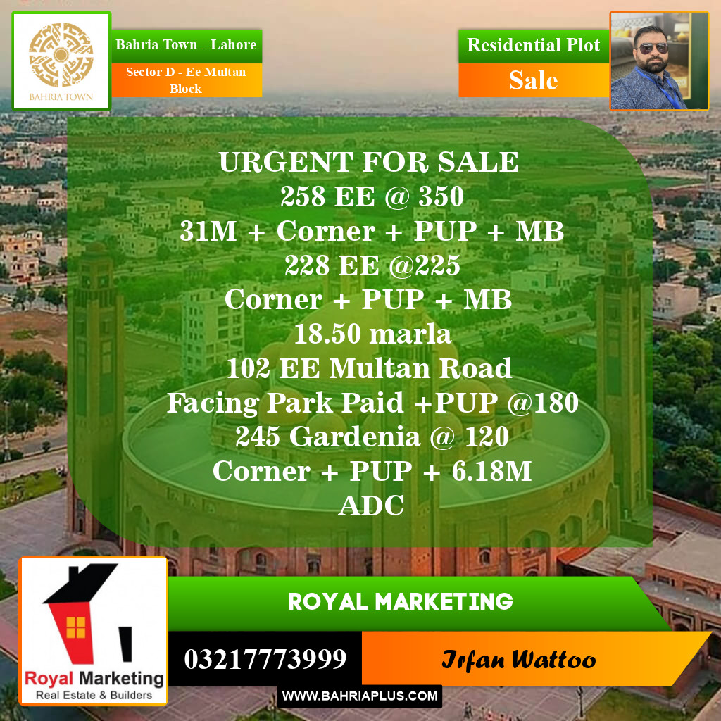 Residential Plot for Sale in Sector D - EE Multan Block -  Bahria Town, Lahore - (BP-155105)