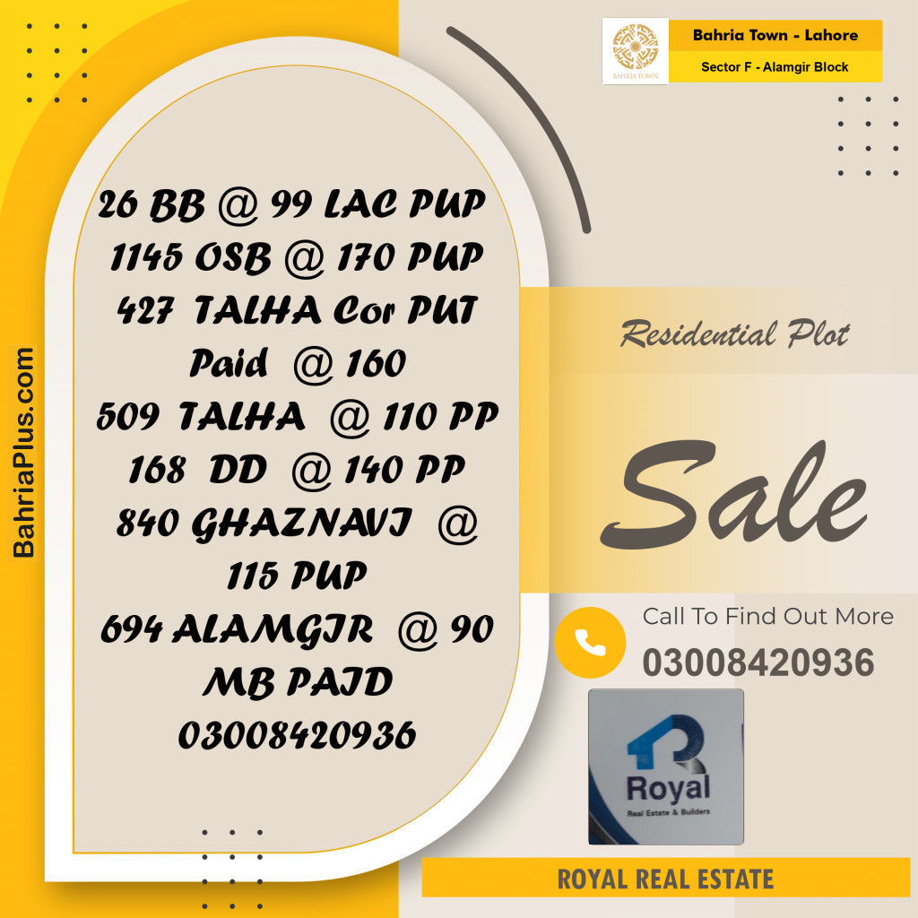 Residential Plot for Sale in Sector F - Alamgir Block -  Bahria Town, Lahore - (BP-155174)