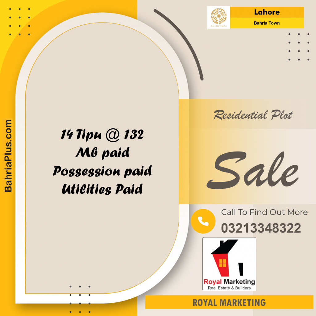 Residential Plot for Sale in Sector F - Tipu Sultan Block -  Bahria Town, Lahore - (BP-155333)