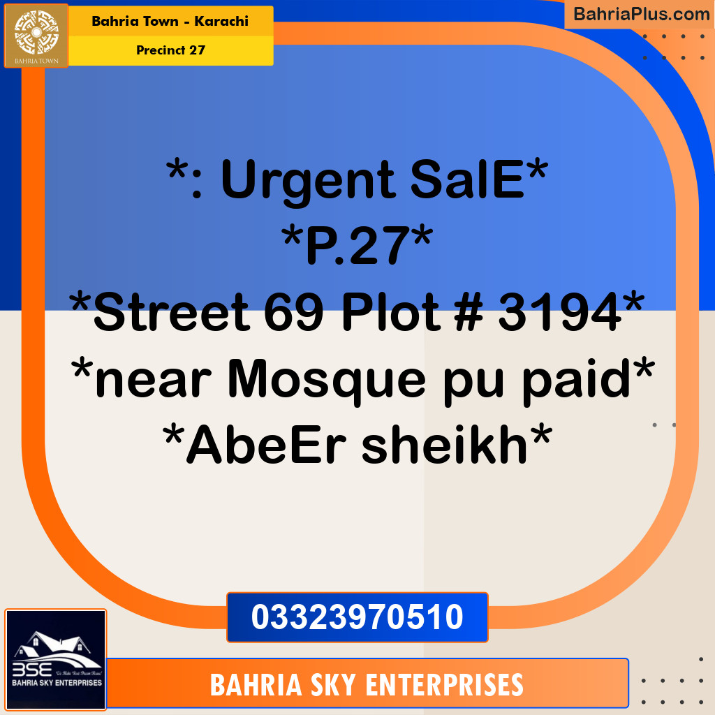 Residential Plot for Sale in Precinct 27 -  Bahria Town, Karachi - (BP-155438)