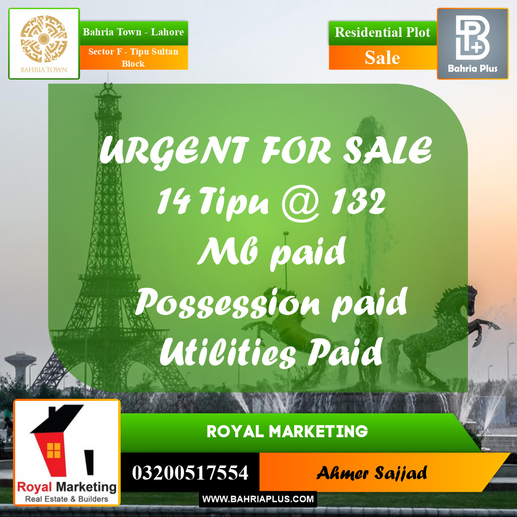 Residential Plot for Sale in Sector F - Tipu Sultan Block -  Bahria Town, Lahore - (BP-155442)