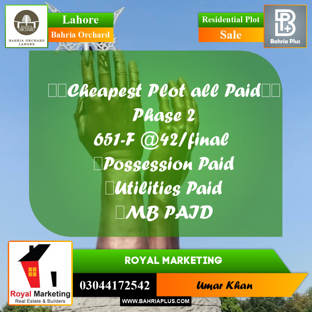 Residential Plot for Sale in Bahria Orchard, Lahore - (BP-155519)