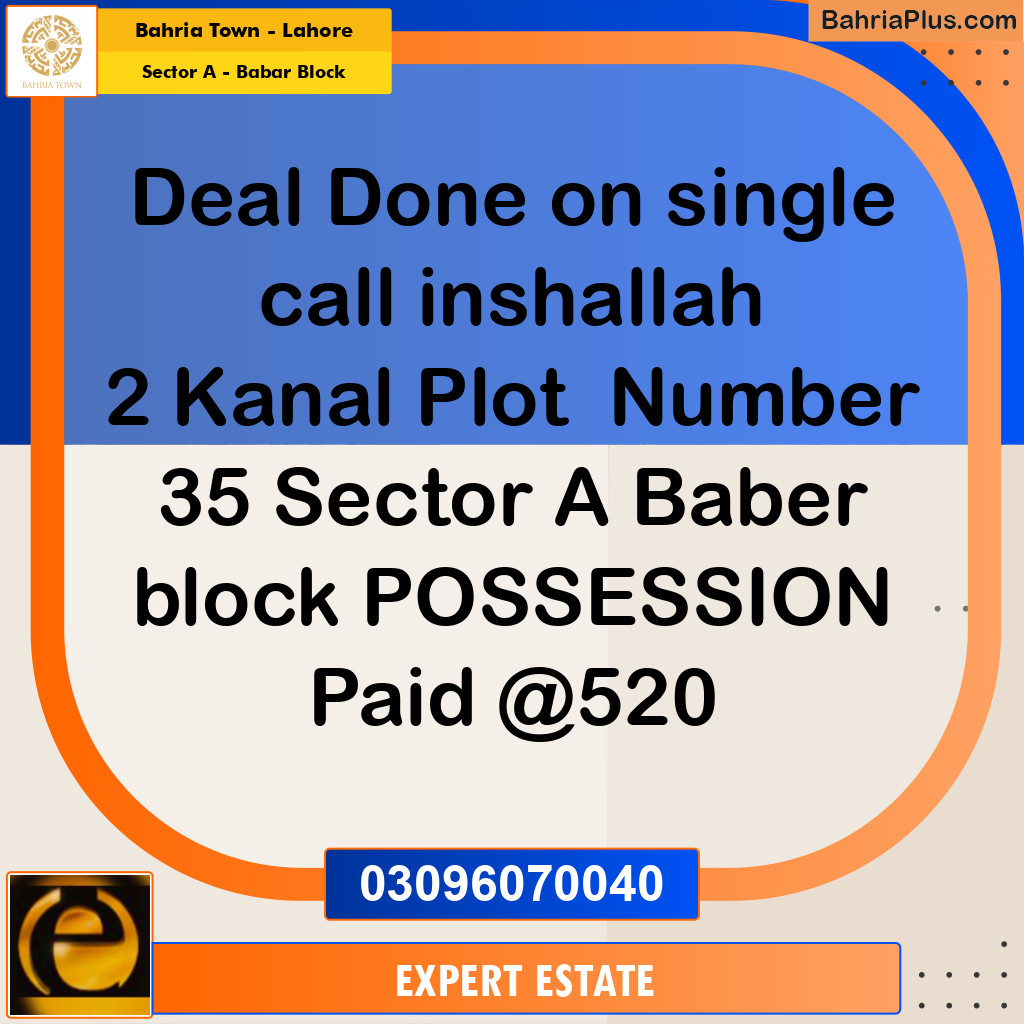 Residential Plot for Sale in Sector A - Babar Block -  Bahria Town, Lahore - (BP-155549)