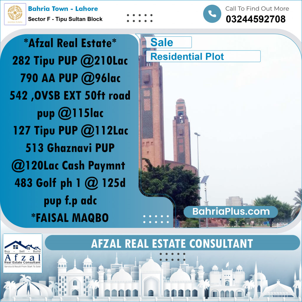Residential Plot for Sale in Sector F - Tipu Sultan Block -  Bahria Town, Lahore - (BP-155854)