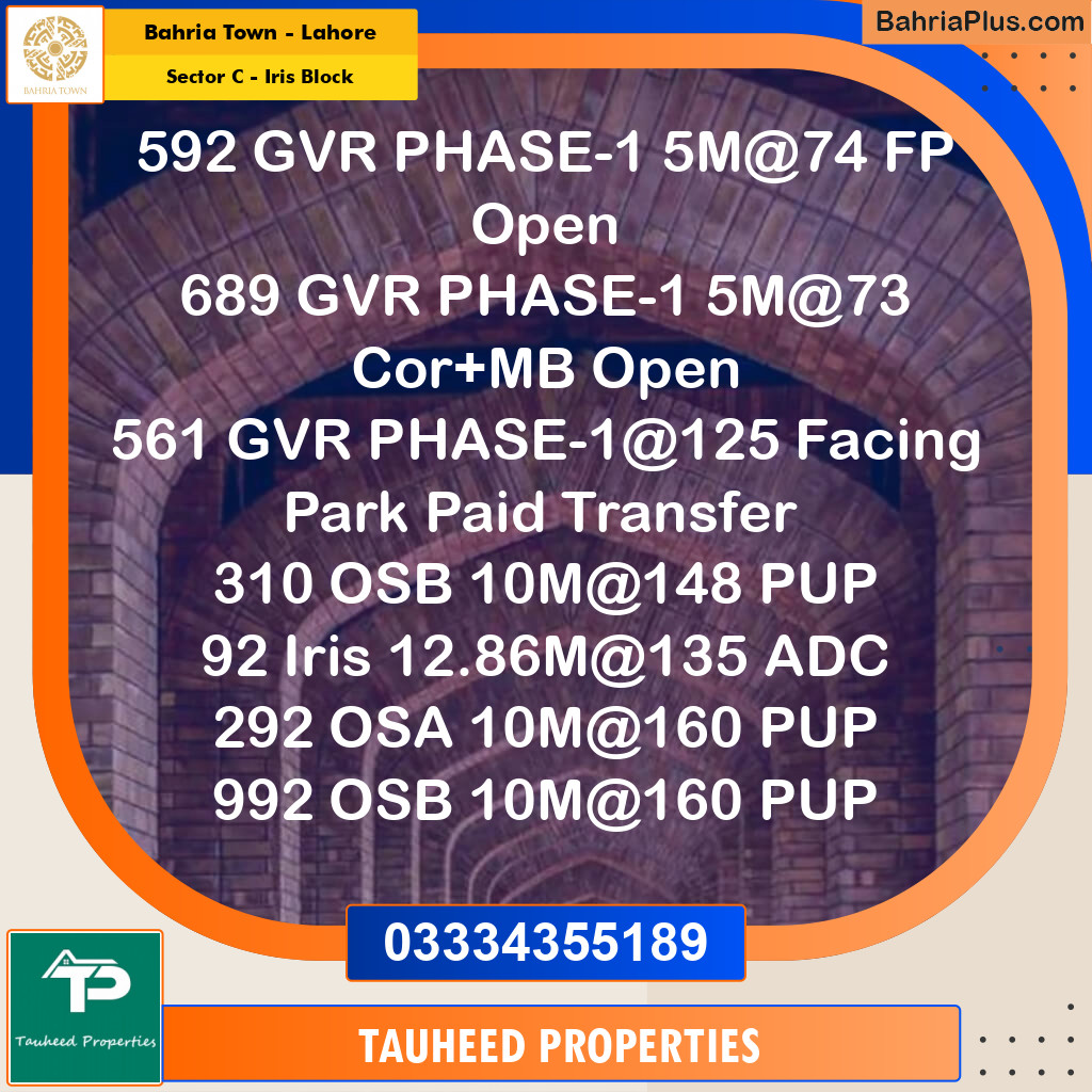 Residential Plot for Sale in Sector C - Iris Block -  Bahria Town, Lahore - (BP-155927)