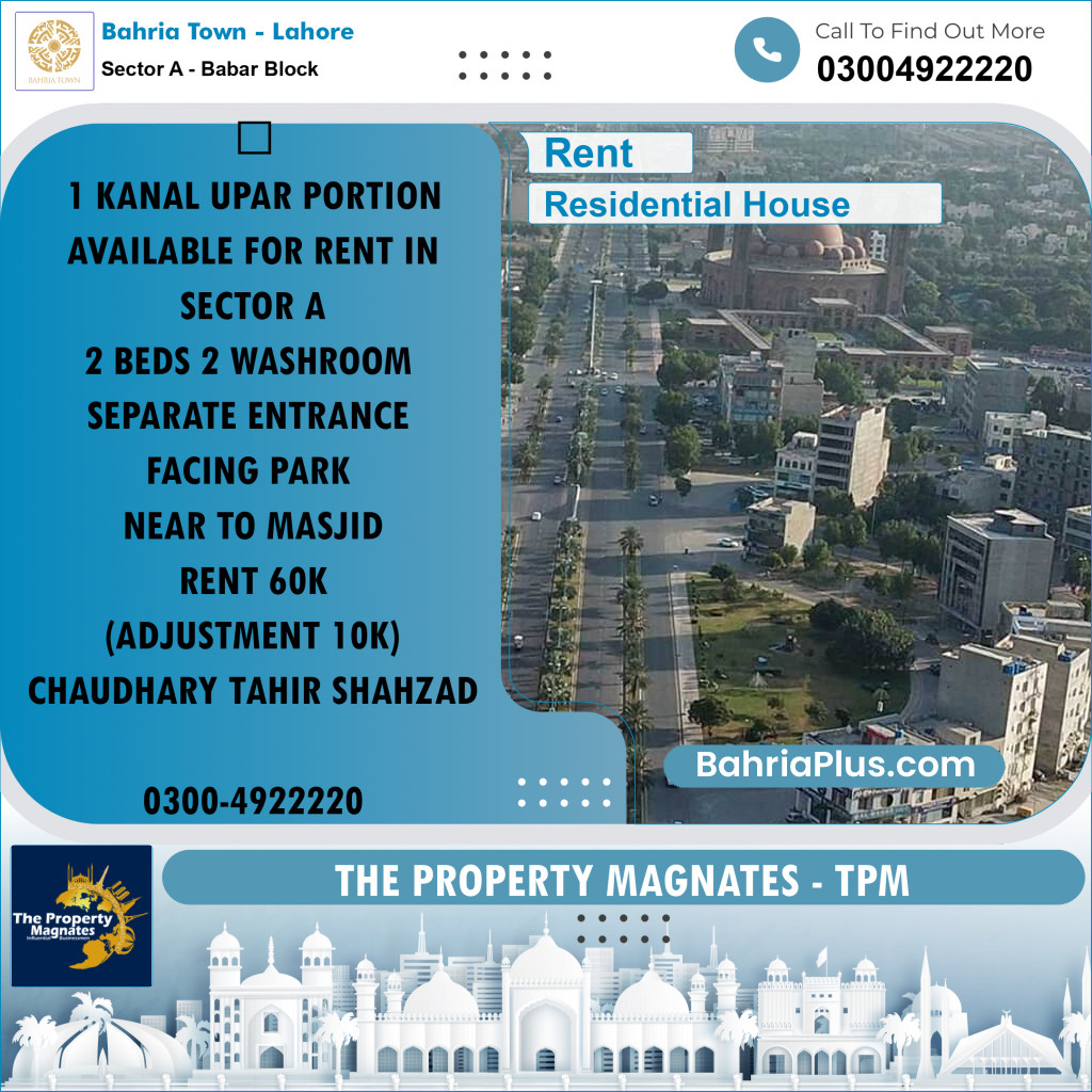Residential House for Rent in Sector A - Babar Block -  Bahria Town, Lahore - (BP-156387)