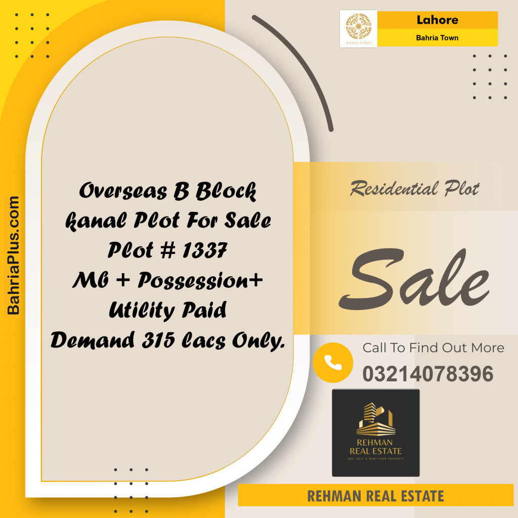 Residential Plot for Sale in Overseas B -  Bahria Town, Lahore - (BP-156518)