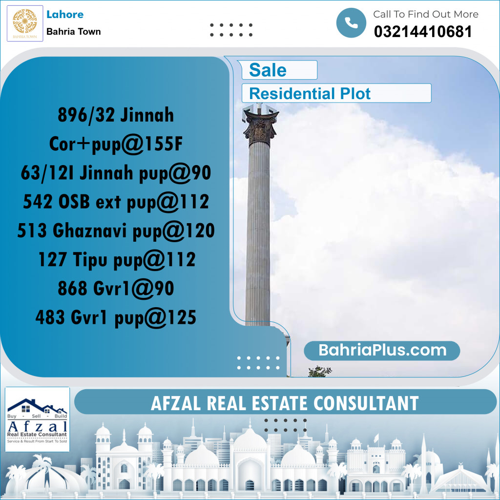 Residential Plot for Sale in Sector E - Jinnah Block -  Bahria Town, Lahore - (BP-156599)