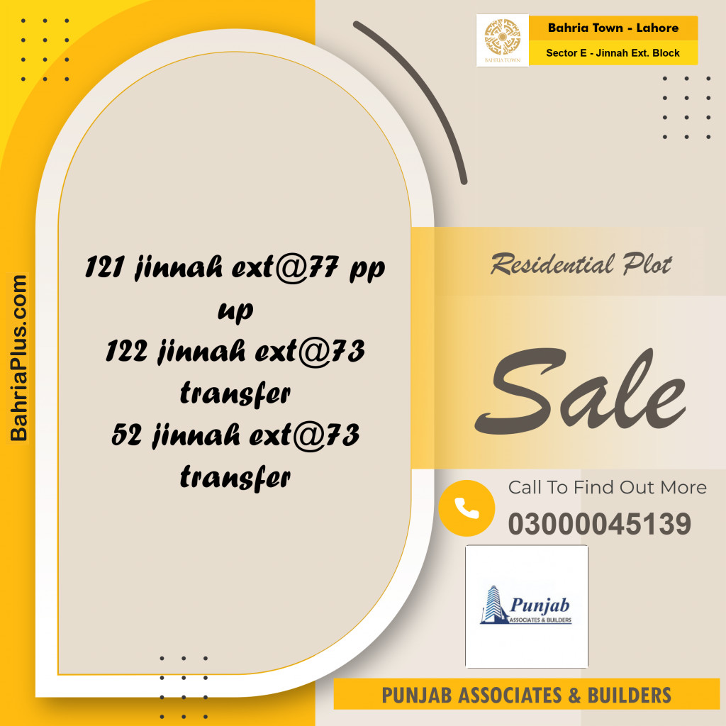Residential Plot for Sale in Sector E - Jinnah Ext. Block -  Bahria Town, Lahore - (BP-156733)