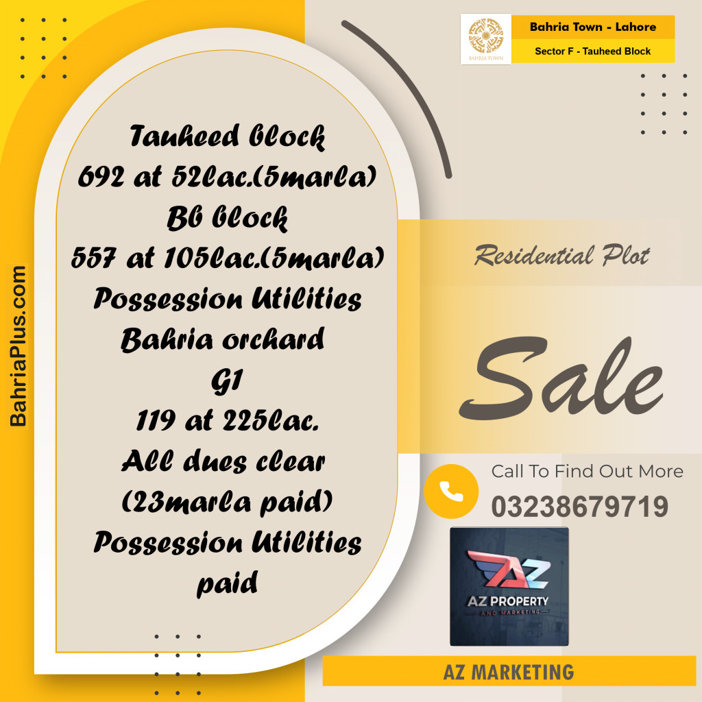Residential Plot for Sale in Sector F - Tauheed Block -  Bahria Town, Lahore - (BP-157139)