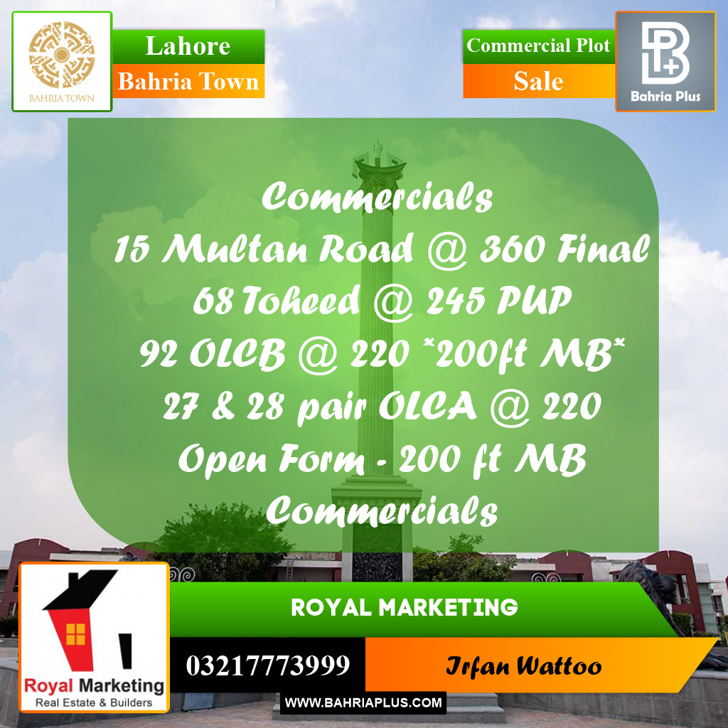 Commercial Plot for Sale in Sector D - EE Multan Block -  Bahria Town, Lahore - (BP-157162)