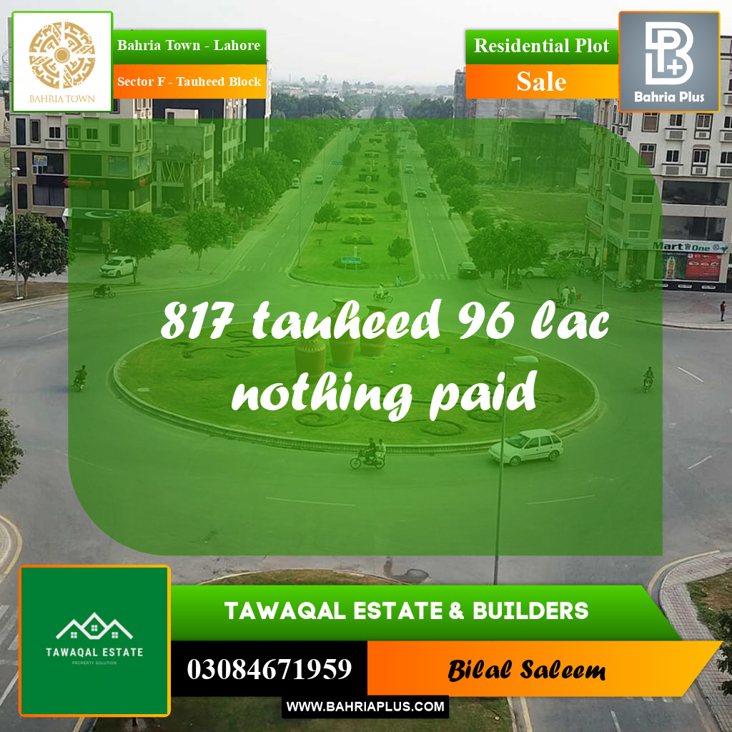 Residential Plot for Sale in Sector F - Tauheed Block -  Bahria Town, Lahore - (BP-157227)
