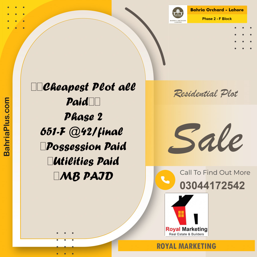 Residential Plot for Sale in Phase 2 - F Block -  Bahria Orchard, Lahore - (BP-157590)