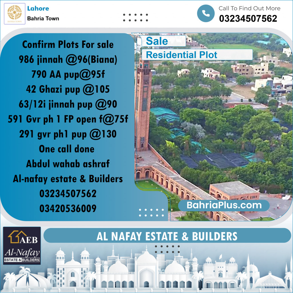 Residential Plot for Sale in Sector E - Jinnah Block -  Bahria Town, Lahore - (BP-157693)