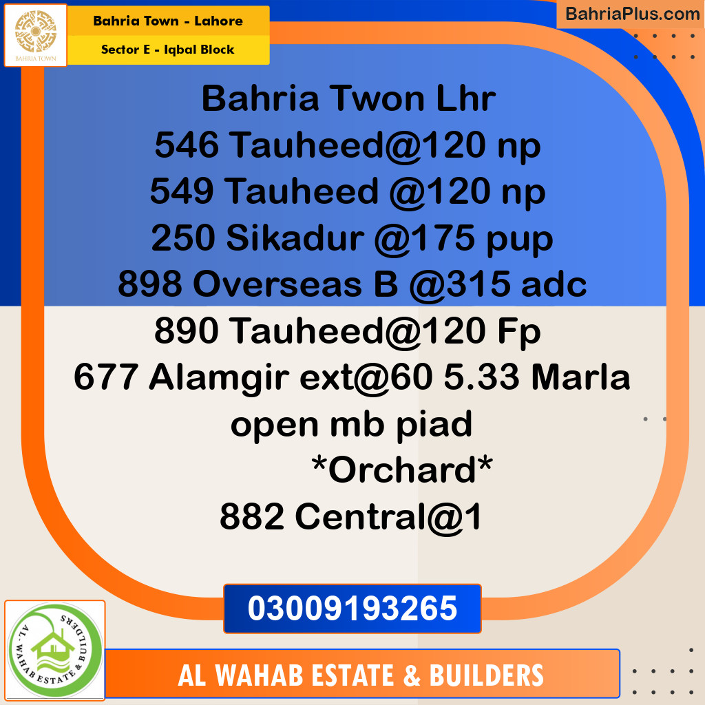 Residential Plot for Sale in Sector E - Iqbal Block -  Bahria Town, Lahore - (BP-157847)
