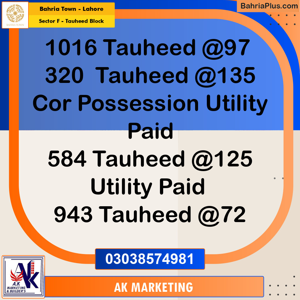 Residential Plot for Sale in Sector F - Tauheed Block -  Bahria Town, Lahore - (BP-157998)
