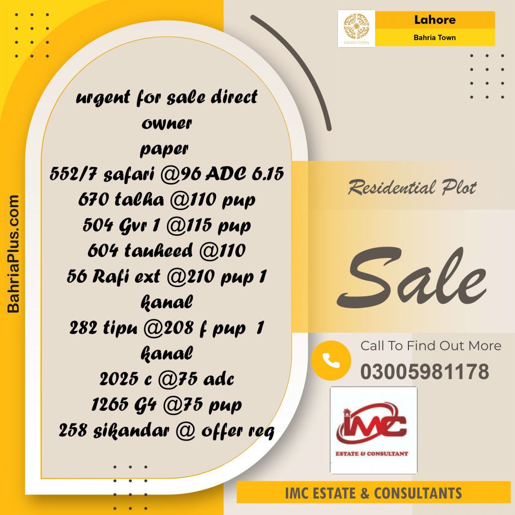 Residential Plot for Sale in Sector B - Safari Villas -  Bahria Town, Lahore - (BP-158263)