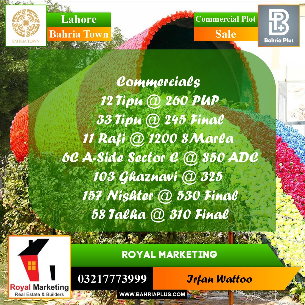 Commercial Plot for Sale in Sector F - Tipu Sultan Block -  Bahria Town, Lahore - (BP-158281)