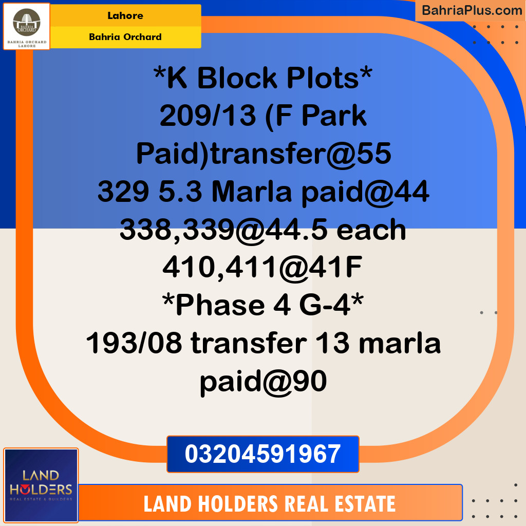 Residential Plot for Sale in Phase 2 - K Block -  Bahria Orchard, Lahore - (BP-158383)