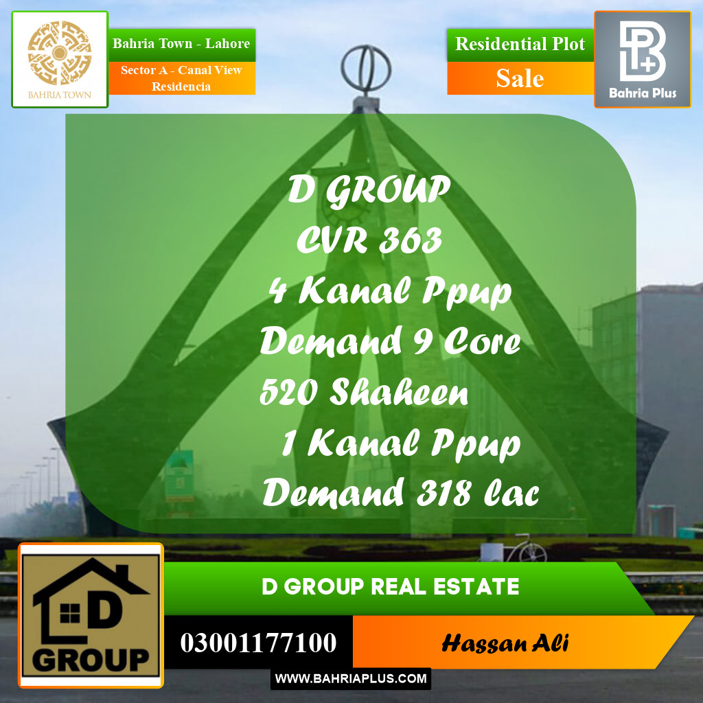 Residential Plot for Sale in Sector A - Canal View Residencia -  Bahria Town, Lahore - (BP-158460)