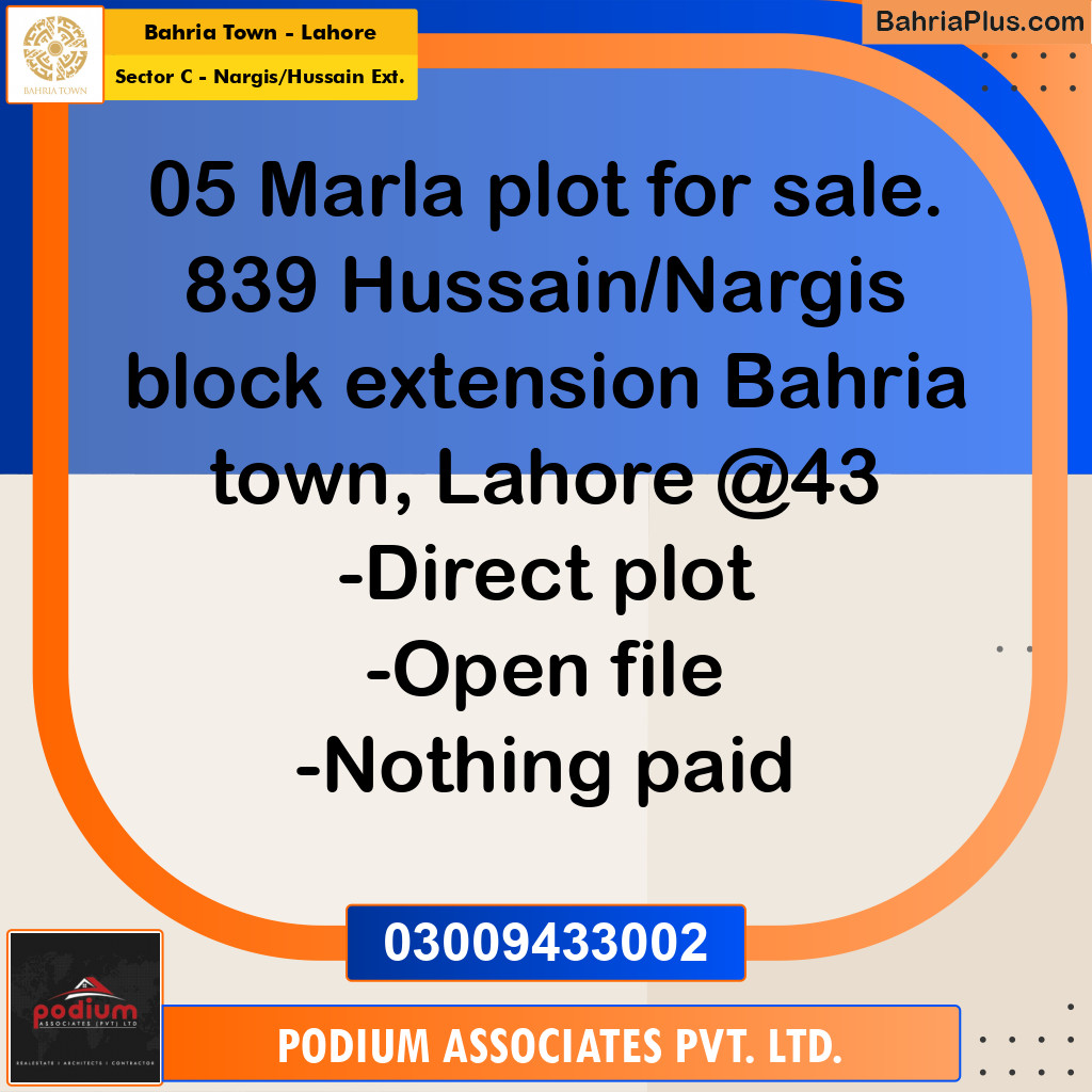Residential Plot for Sale in Sector C - Nargis/Hussain Ext. -  Bahria Town, Lahore - (BP-158595)