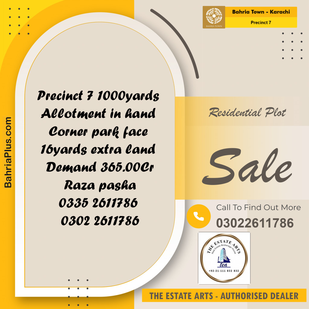 1000 Sq. Yards Residential Plot for Sale in Precinct 7 -  Bahria Town, Karachi - (BP-158701)
