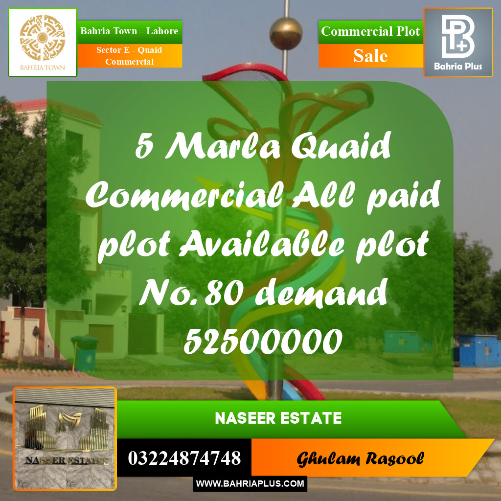 Commercial Plot for Sale in Sector E - Quaid Commercial -  Bahria Town, Lahore - (BP-159158)